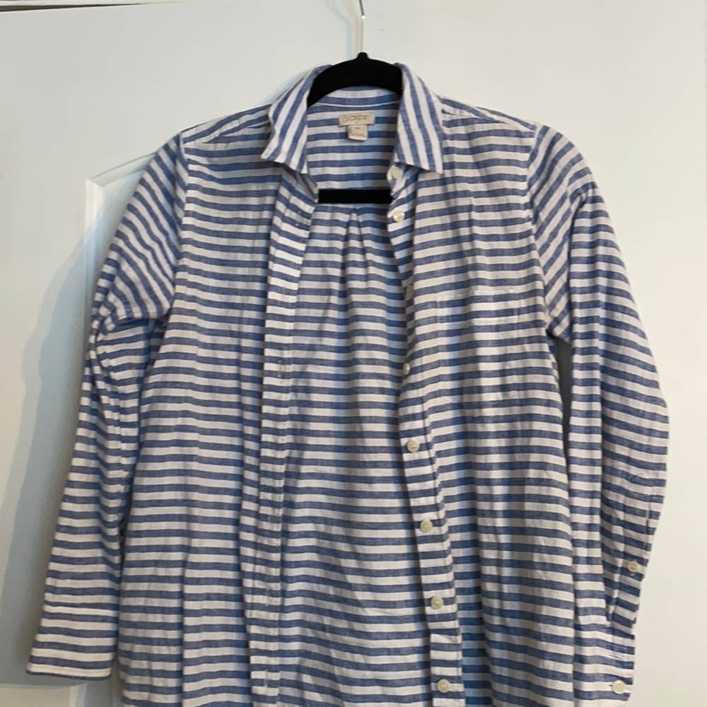 J Crew Blue and White Striped linen Button Down XS